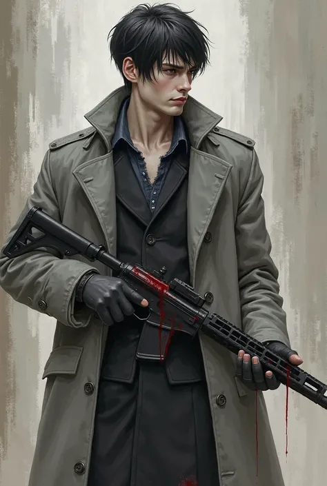 Dhampir rough but cheerful young adult, black hair cut military style, white skin, with an athletic and slightly muscular physique , wearing tactical rapa and gray trench coat. Carrying an automatic shotgun. Drinking a blood bial.