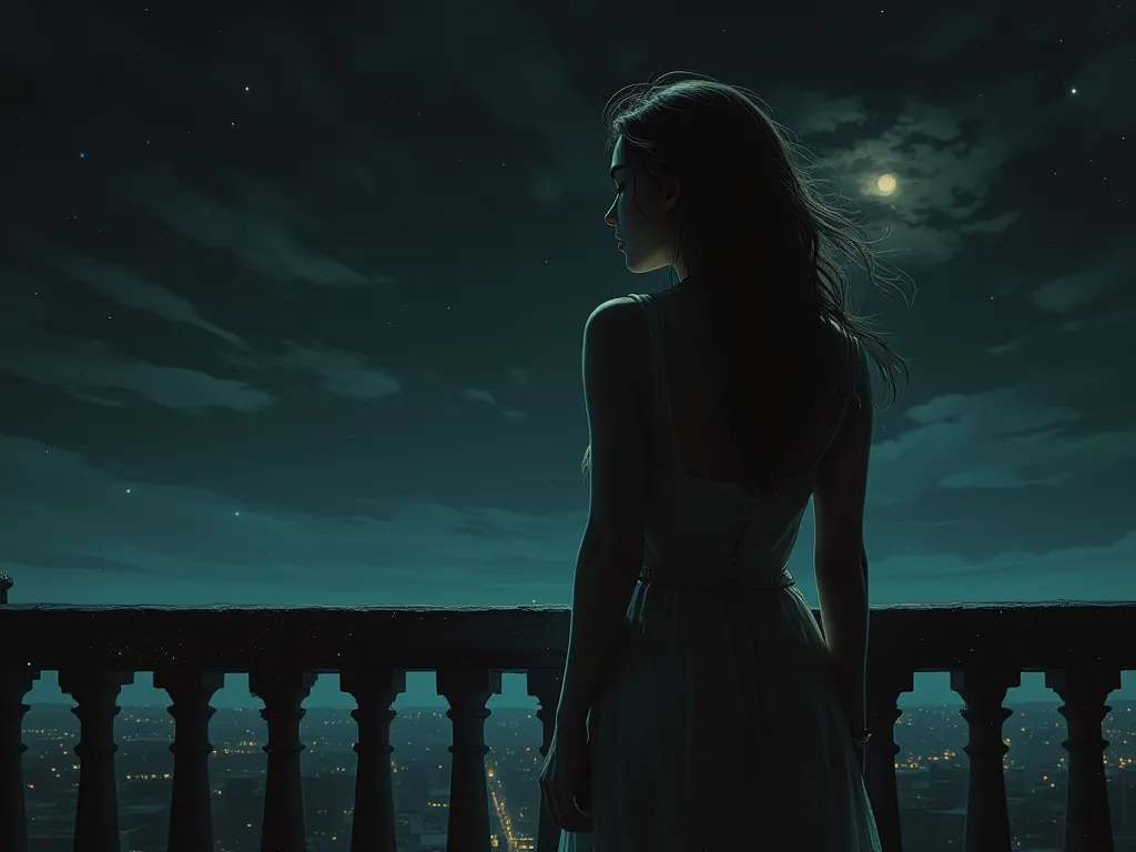 A photorealistic image of a woman standing alone on a quiet, moonlit balcony, her gaze lost in the distance. Her posture is soft, reflecting vulnerability, while a gentle breeze lifts her hair. The background shows a calm, dark sky, with stars scattered ac...