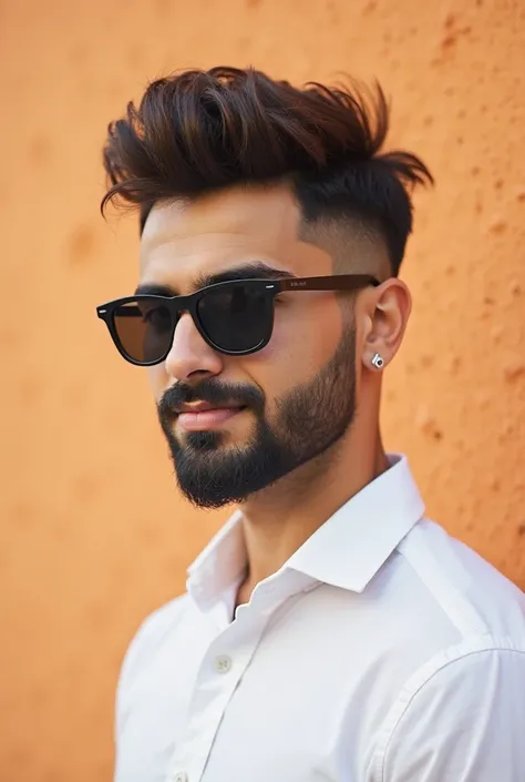 Create an image of a young man with a stylish modern hairstyle, Muslim boy short beard, and wearing black sunglasses.   The person should be wearing a white shirt, and the background should be a soft faded orange color.   The man should look confident with...