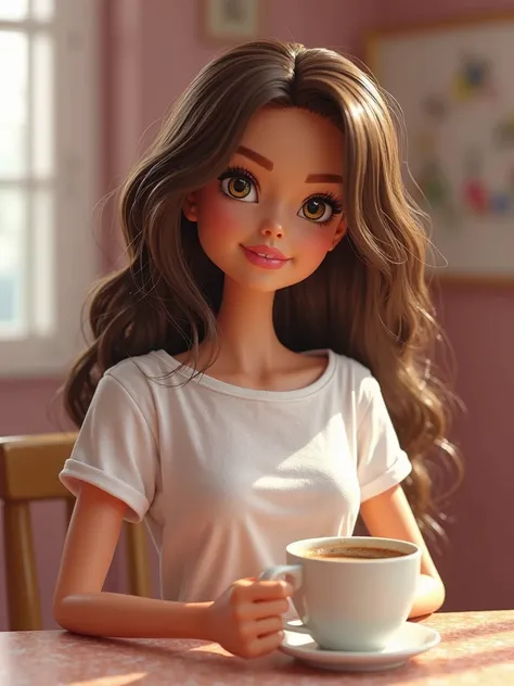 Barbie with shaggy and very disheveled hair sitting at the table wearing a large white t-shirt in pajamas commanding a coffee in the morning,  with brown hair 