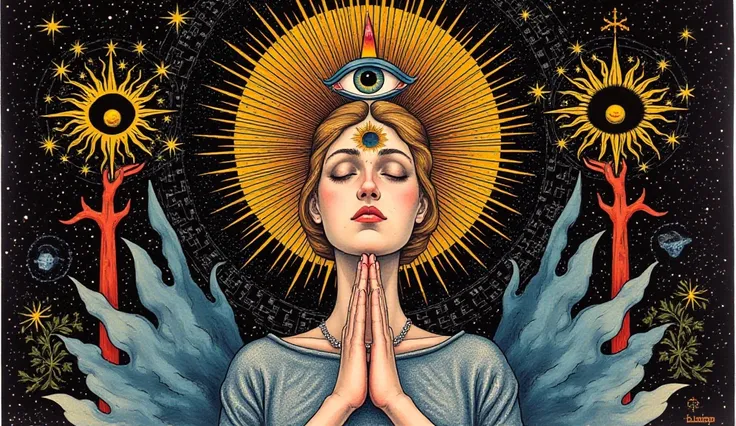  Create the image of a woman praying with a hopeful and happy countenance

horror cósmico psicodélico, por Hiroshi Nagai, paul laffoley , mystical, visuais sobrenaturais, ilustração psicodélica, olho místico, olhos vazios, arte psicodélica, colorfull

