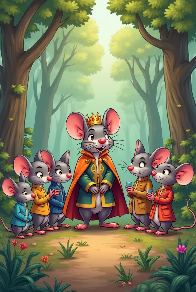 Generation a cartoon characters group of mice with their king in the forest 