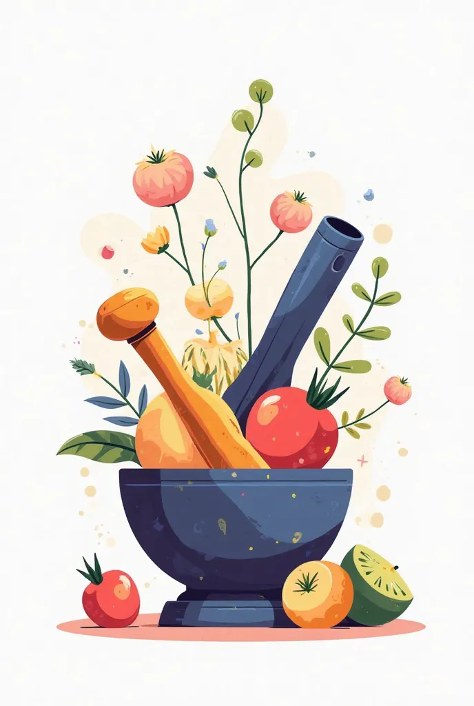 Create a vibrant vector illustration featuring a colorful arrangement of mortar  and food processor with   against a clean white background, with bold lines, geometric shapes, and subtle textures, highlighting the precision and functionality of each too