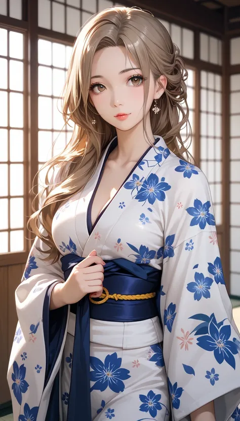 best quality, absurdres, わきDownを見せない, Down, no background, becomes transparent when you stare at it {x}, PE, front view, cowboy shot, perfect and beautiful face, Beautiful breasts,  Read more, slim, lightbrown long hair, parted bangs, Floral patterns Japan...