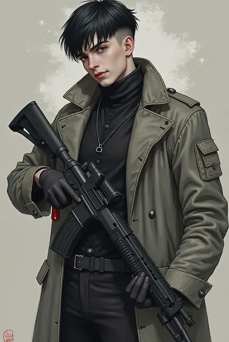 Dhampir rough but cheerful young adult, Black hair cut military style, white skin, with an athletic and slightly muscular physique , wearing tactical rapa and gray trench coat. Carrying an automatic shotgun in one hand and drinking a small bial of blood in...