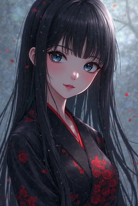 Anime girl demon player long straight black hair with bangs blue and black eyes ,  large round , vestida con un kimono 👘 negro y estampado rojo , small waist ,  round face  , a sweet smile 