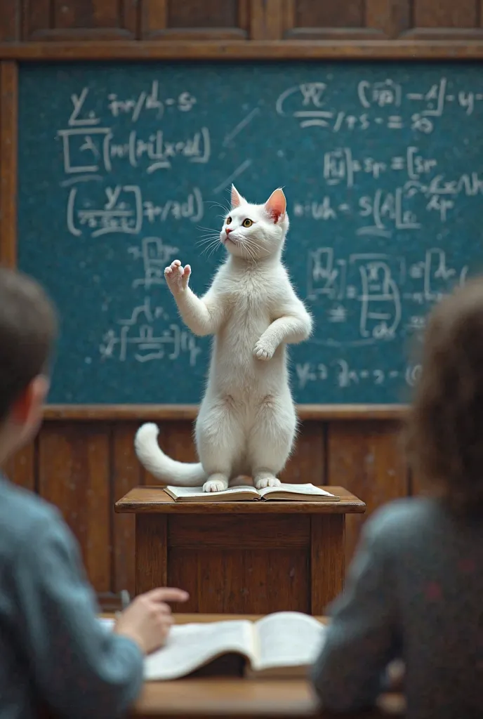 White cat ,  standing on 2 legs  , standing on the lectern, explaining the problem , blue board , on the table with mathematical formulas, the student is human, Students sit in rows of stairs