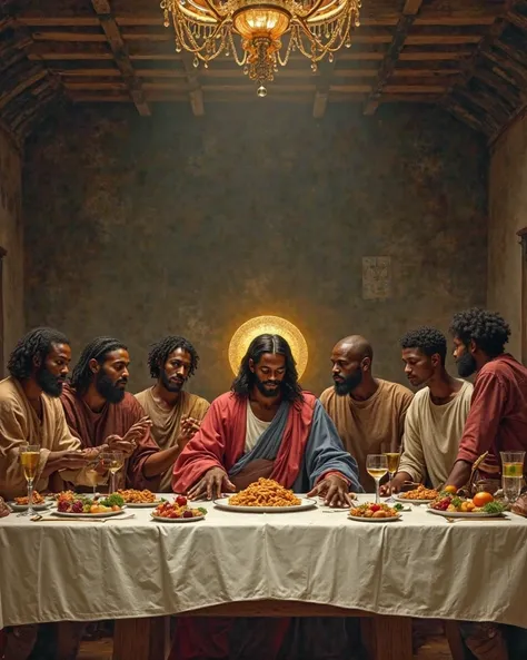   Holy Supper image containing Jesus and Mary Magdalene, both have halos.  And like Jesus and Mary Magdalene , the 12 apostles arranged 6 on each side of the table, are all black men. black men, Black Jesus and Mary Magdalene black woman



