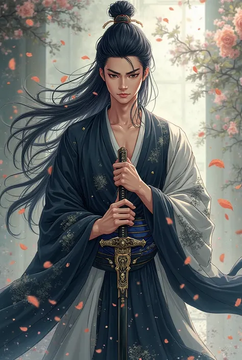 


Anime photo Chinese warrior, handsome young man, black eyes, black hair, long hair gathered back, wearing black and white yin yang dress, man hugging Krabi on chest