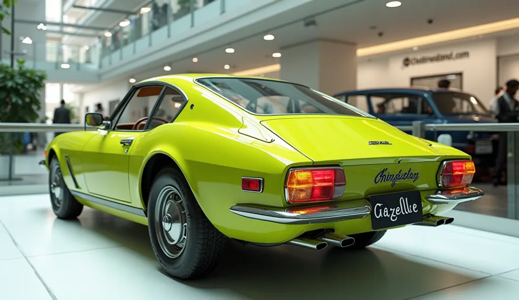 A 4k picture 1980  mesmerizing 3D render of the (Hindustan Gazelle) showcased in a captivating(yellow green)that demands attention. The only (back side views)of the vehicle features advanced bright Orange lights, enhancing visibility and embodying innovati...