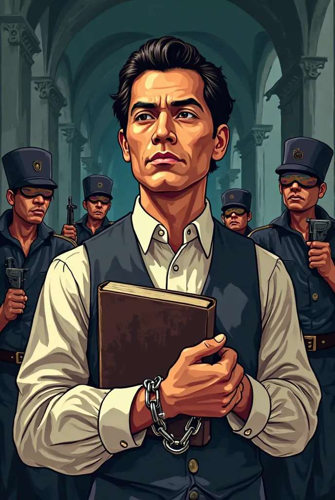 Create a cartoon rizal calm face that his hand with chain holding his book and pointed of gun by Spaniards with blindfolded face