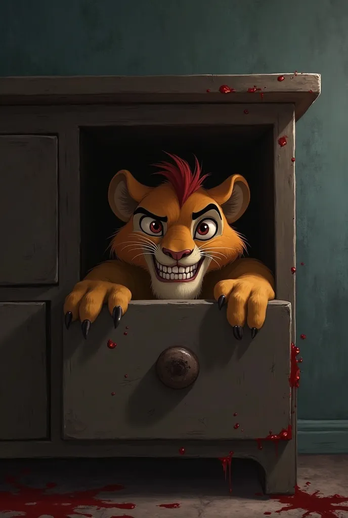 Character Kion,movie the lion guard,disney,hiding in someone dreeser in house,hiding evil grin staring a viewer,blood on wall,in nightmare,