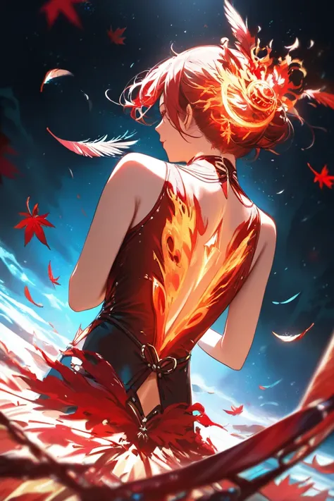 } The girl has a scepter or weapon in the shape of a bird's head, sexy outfit with fiery details, and the large feathers behind. Dark tone background with falling red maple leaves, creates a strong and magical feeling ( is extremely subtle , light , so the...