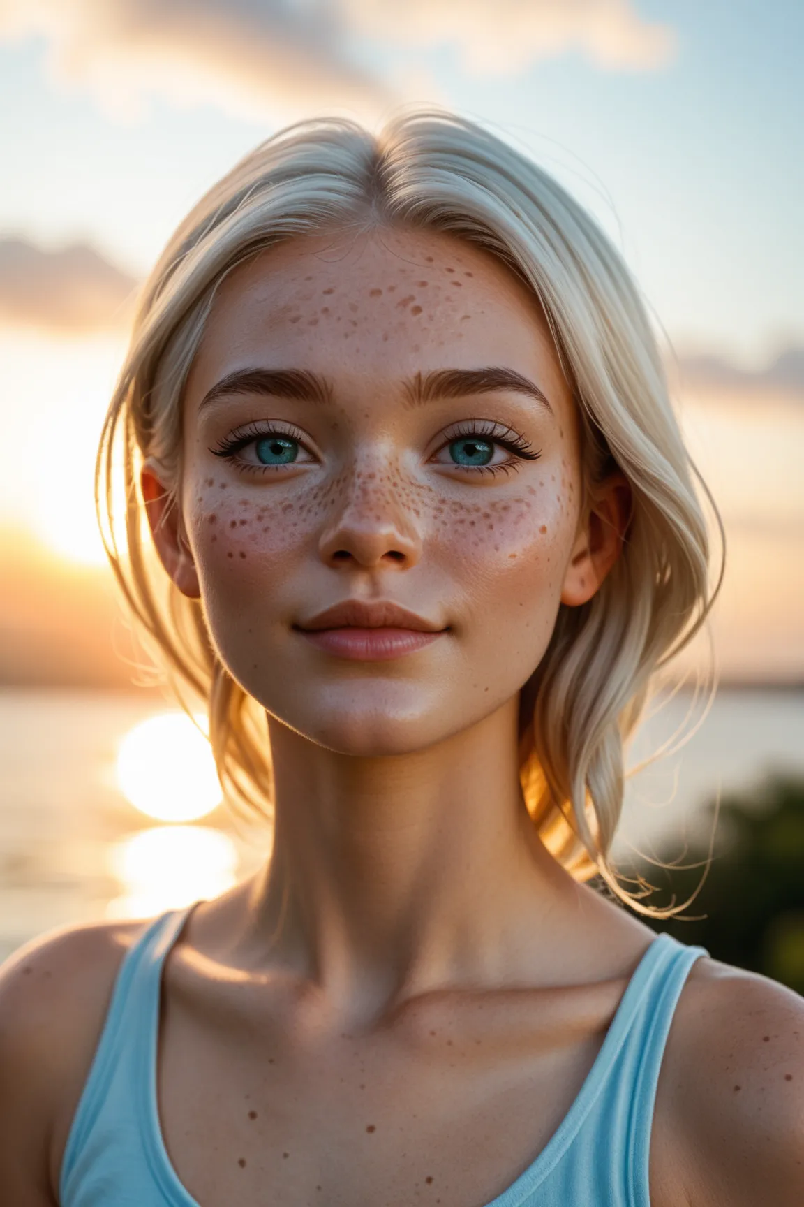 a girl (petite, skinny, prominent freckles, cheek and chin dimples, short platinum blonde hair 1.4) (Her eyes are a captivating shade of light blue). Her back is turned as she watches a majestic sunset. She turns her head to glance at the viewer. The dappl...