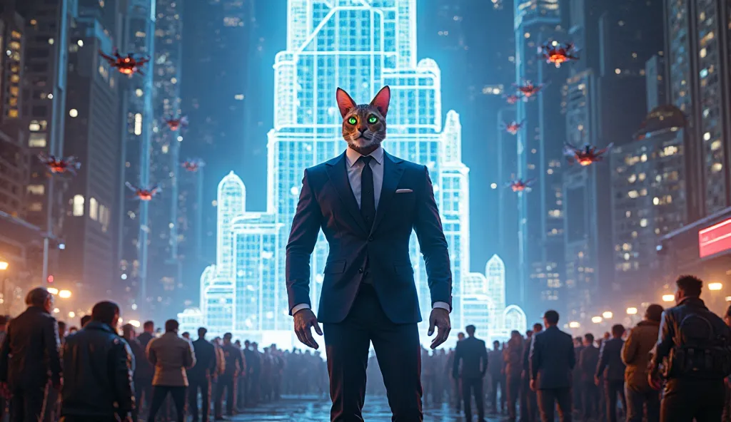 "A massive unveiling event in the heart of a futuristic city, where Felix stands on a grand stage before thousands of people. Behind him, a towering holographic model of the 100th Clawthorne Industries skyscraper shines. His ultra-muscular frame is clad in...