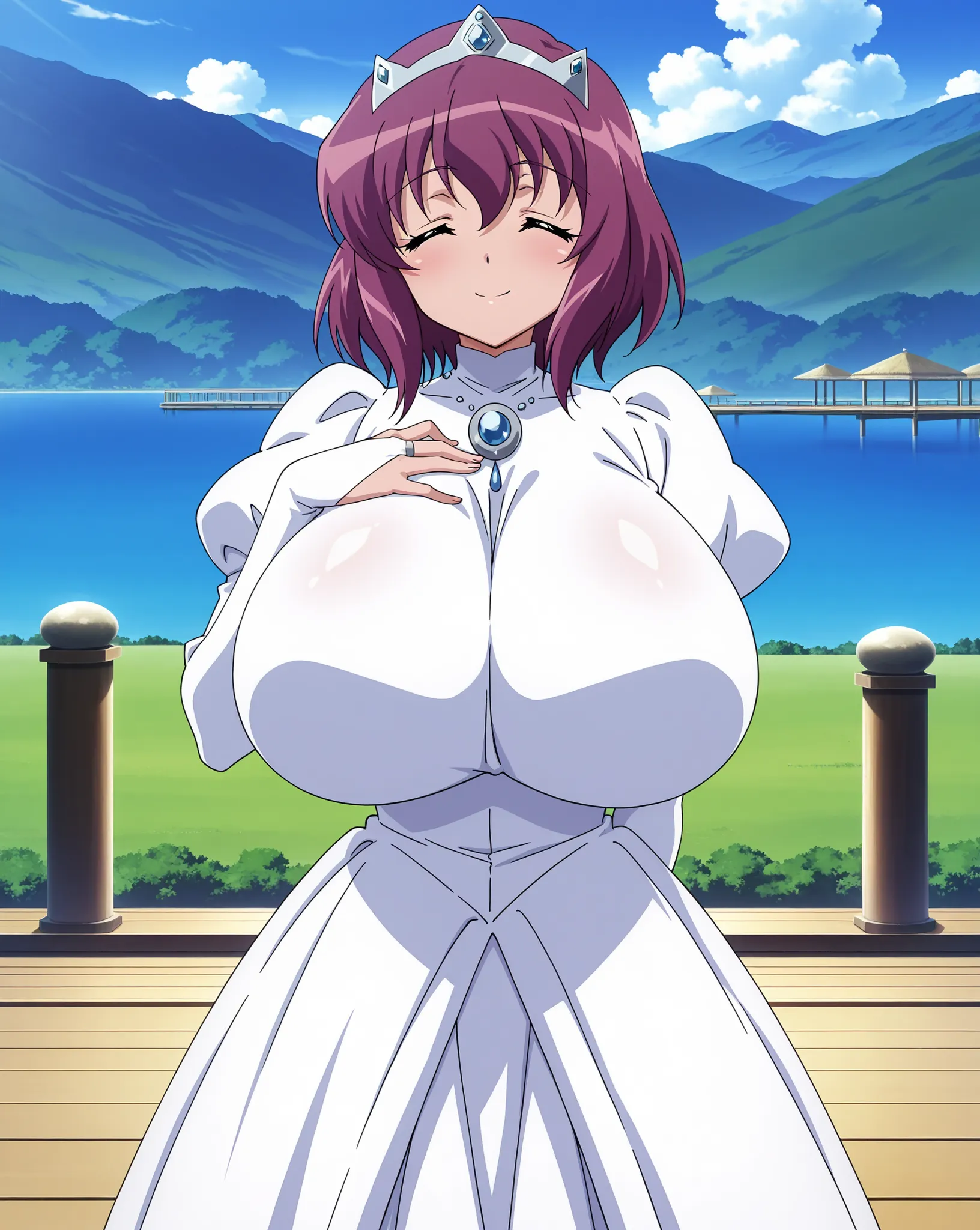 score_9, score_8_up, score_7_up, source_anime, anime coloring, anime screencap, 1 girl, alone, Henrietta de Tristain (zero no tsukaima), purple hair, medium hair, closed eyes, loving smile, white beautiful skin, gigantic breasts, standing, hand on chest, o...