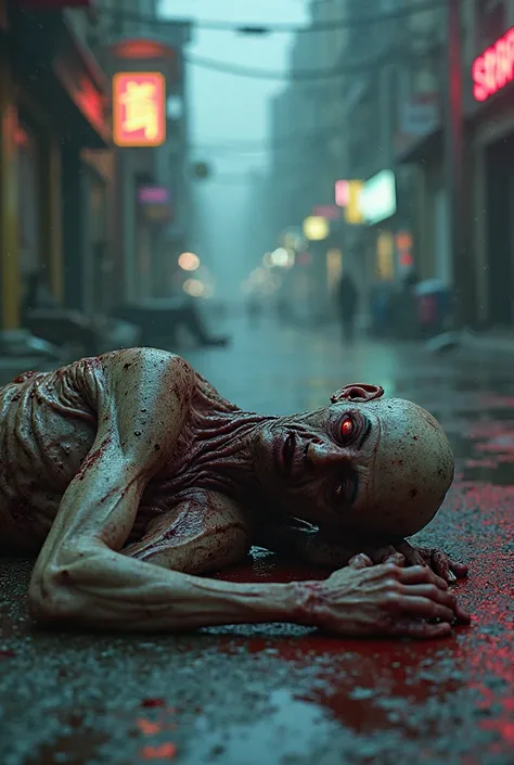 The dying mutant man lies sprawled on the cold, grimy street, his body contorted in a final, agonizing position. His skin is mottled with unnatural hues—flesh twisted and scarred by mutations that mar his once-human form. His limbs are unnaturally elongate...