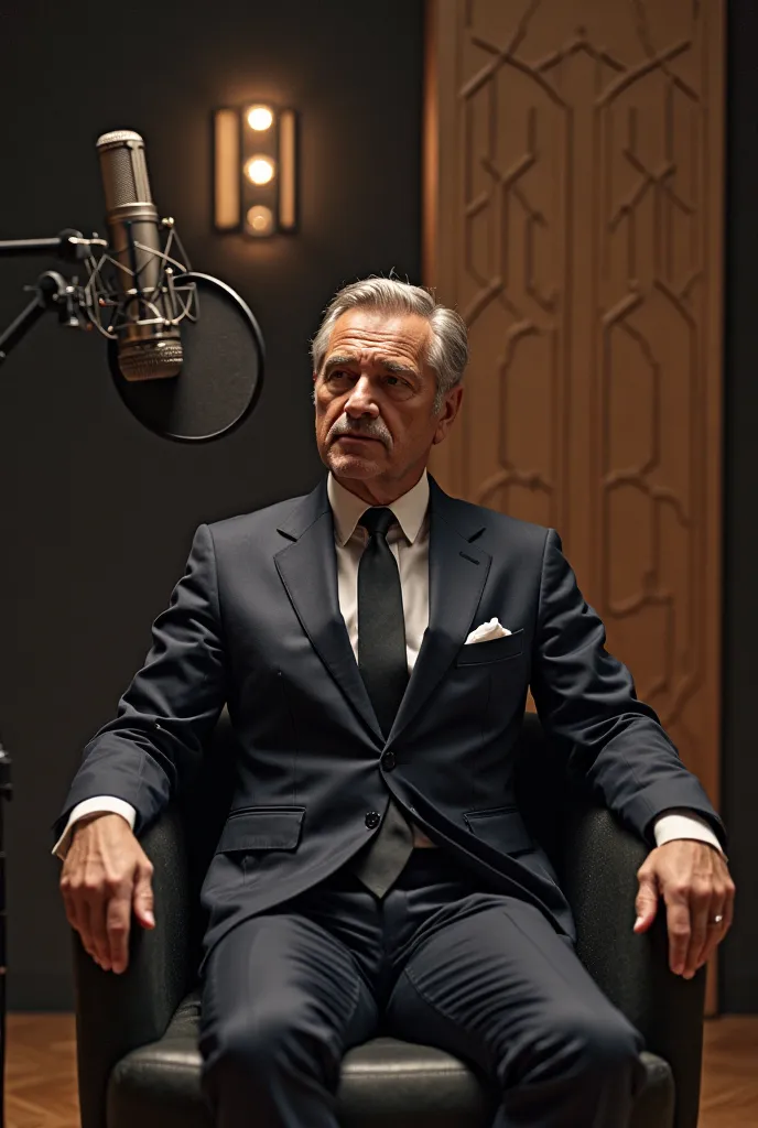 A men sitting on chair in front of mike in a studio 