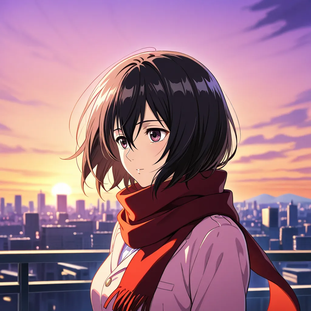 Mikasa gently holds her red scarf in a tranquil sunset scene. Her eyes reflect a mix of sorrow and warmth, with a subtle yet heartfelt expression. The wind softly moves through her long black hair, while the soft pink and purple hues of the sunset bathe he...