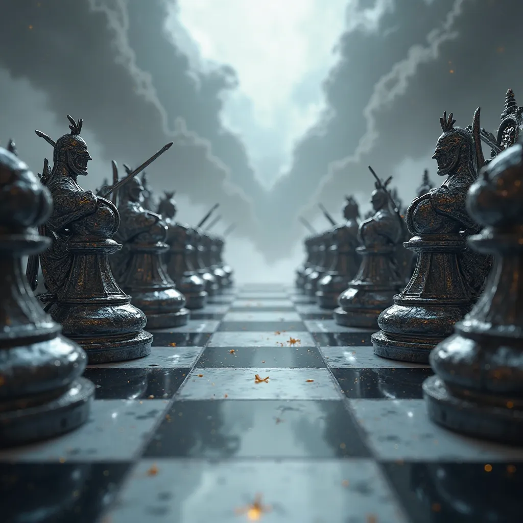 A chessboard with life-sized pieces, where one side is made of warriors and the other of shadowy figures