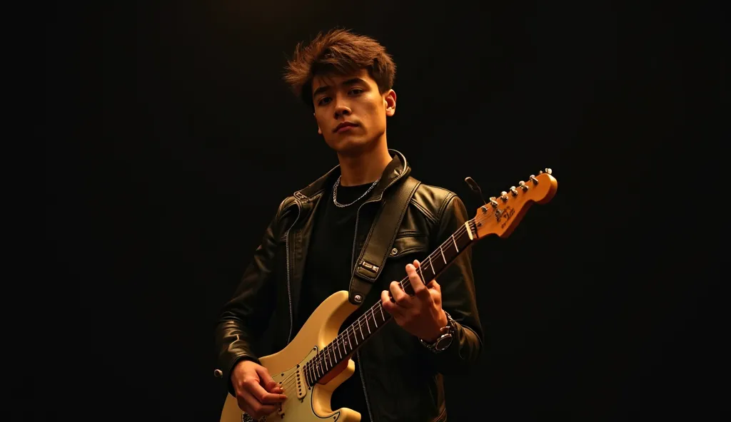 A cool and charismatic young man with a rockstar appearance stands in the center of the frame, playing his electric guitar with deep emotion. The background is completely black, creating a dramatic contrast, while a soft, warm yellow light gently illuminat...