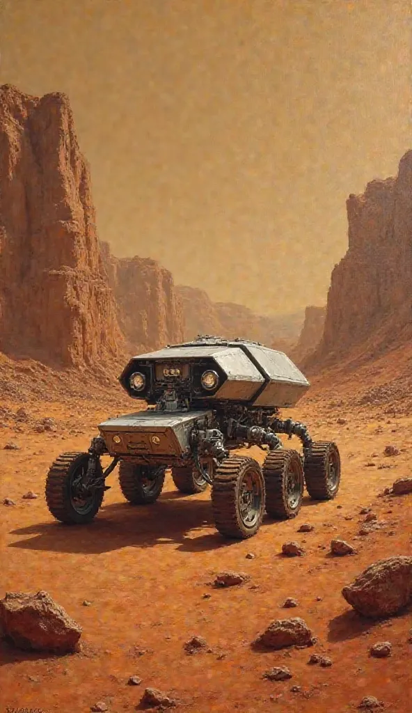 Please create a Renaissance-style painting of a Mars rover. Use techniques like chiaroscuro and a warm color palette.

