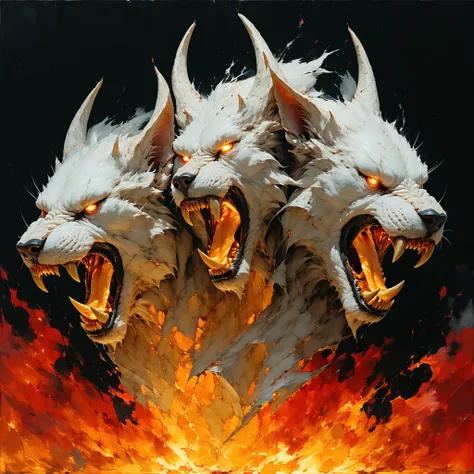 Cerberus, three heads, detailed, masterpiecesz hellish lsndscape, roaring