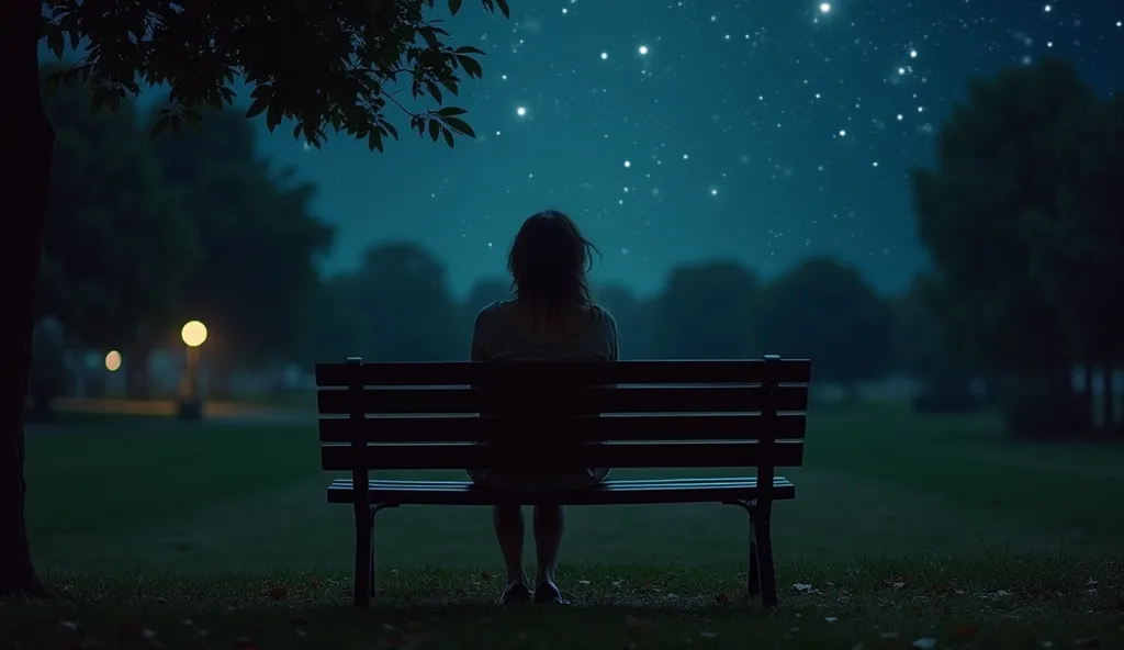 The same person, now sitting alone on a bench in a park at night, far from the noise of the party. She gazes at the stars with a serene expression, feeling at peace with herself. The scene conveys tranquility, with soft lighting and a contemplative mood, r...