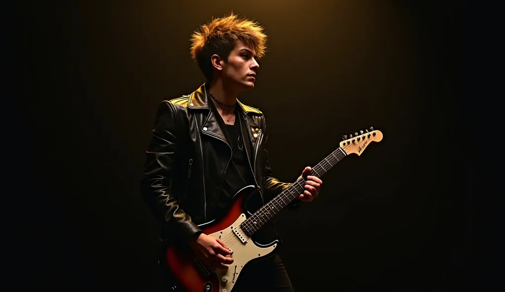 A cool and charismatic young man with a rockstar appearance stands in the center of the frame, playing his electric guitar with deep emotion. The background is completely black, creating a dramatic contrast, while a soft, warm yellow light gently illuminat...