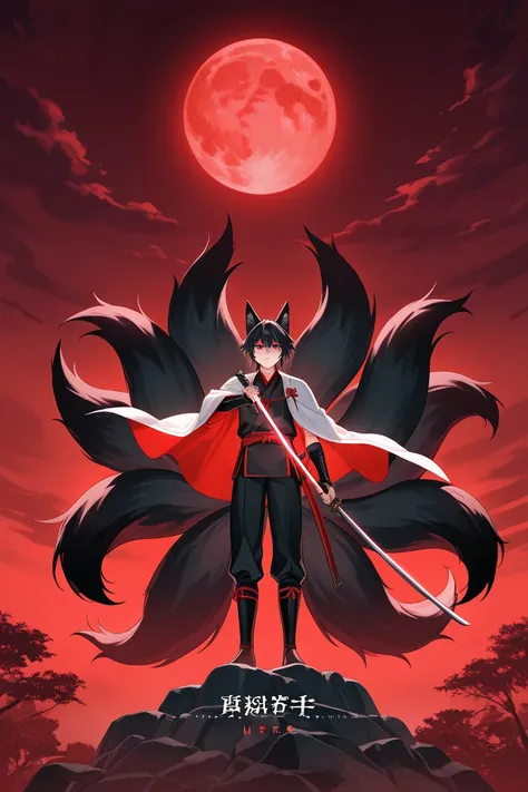 black hair, red eyes, katana, nine tails fox, fox ears, male, adult, red moon