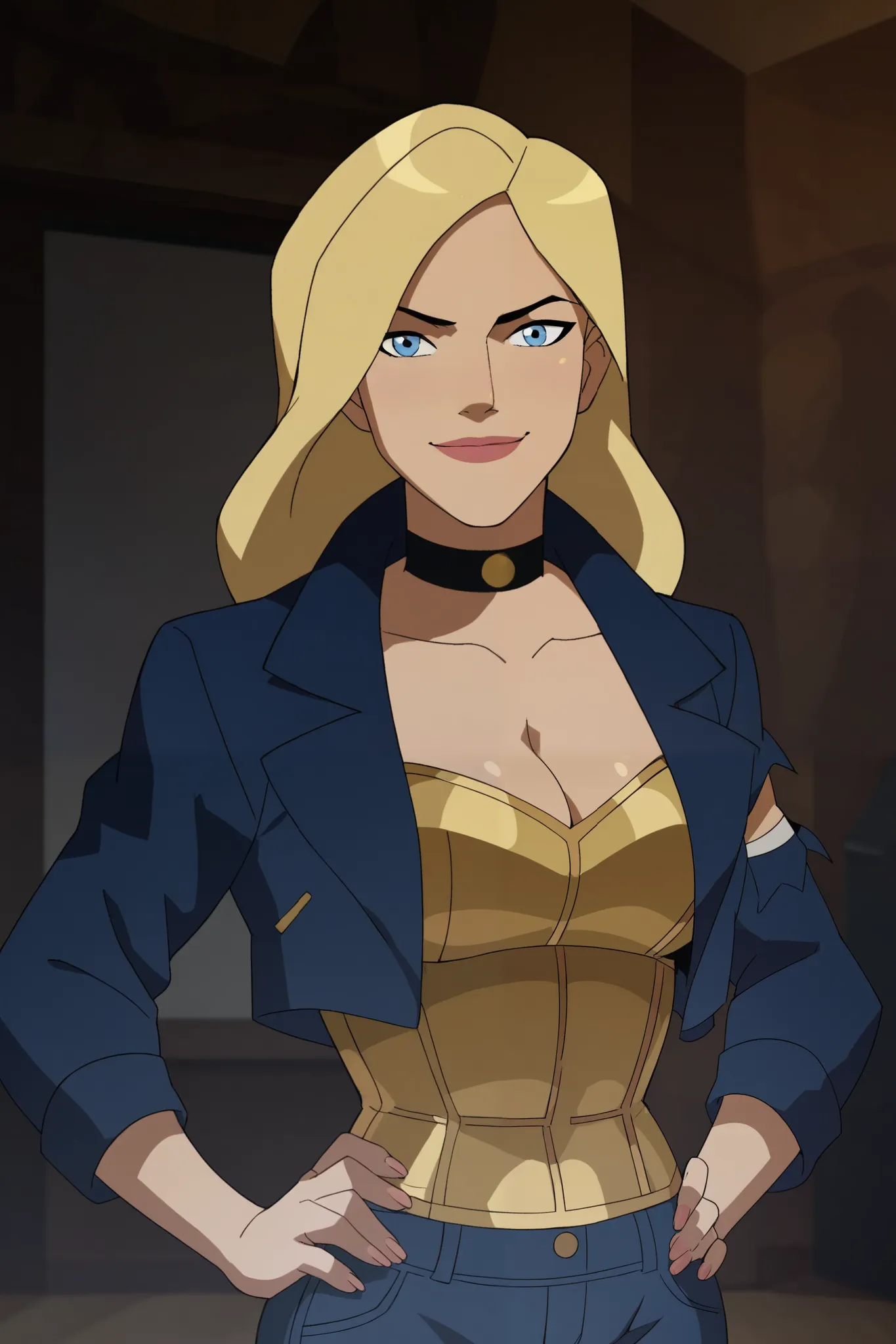 score_9, score_8_up, score_7_up, source_cartoon,black canary, blue eyes, blonde hair, long hair, large breasts,  gold jeans,  gold leather jacket,  gold crop top, choker, cleavage,   BREAK standing, looking at viewer, smiling, closed mouth, confident expre...