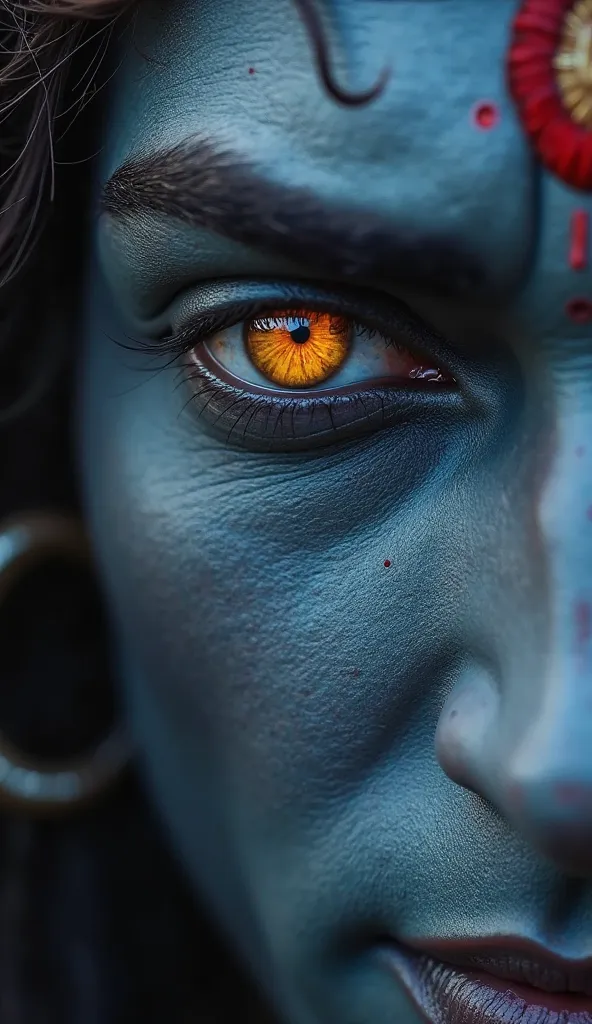 Shiva’s Presence as Ultimate Truth – A close-up of Shiva’s intense, wise eyes reflecting the cycle of life and death. His third eye should be subtly glowing, symbolizing higher awareness and detachment from illusions.