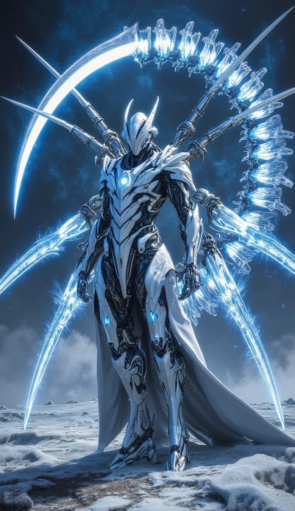 A futuristic cybernetic warrior stands atop an ancient ice-covered battlefield, its sleek silver armor reflecting the soft glow of a massive blue nebula above. Pulsating blue energy veins run across its body, illuminating the mechanical engravings in its p...