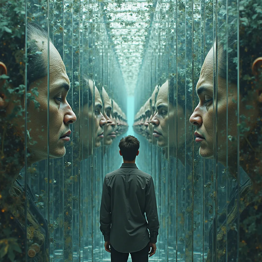 A man lost in a maze of mirrors, each reflection showing a different version of himself