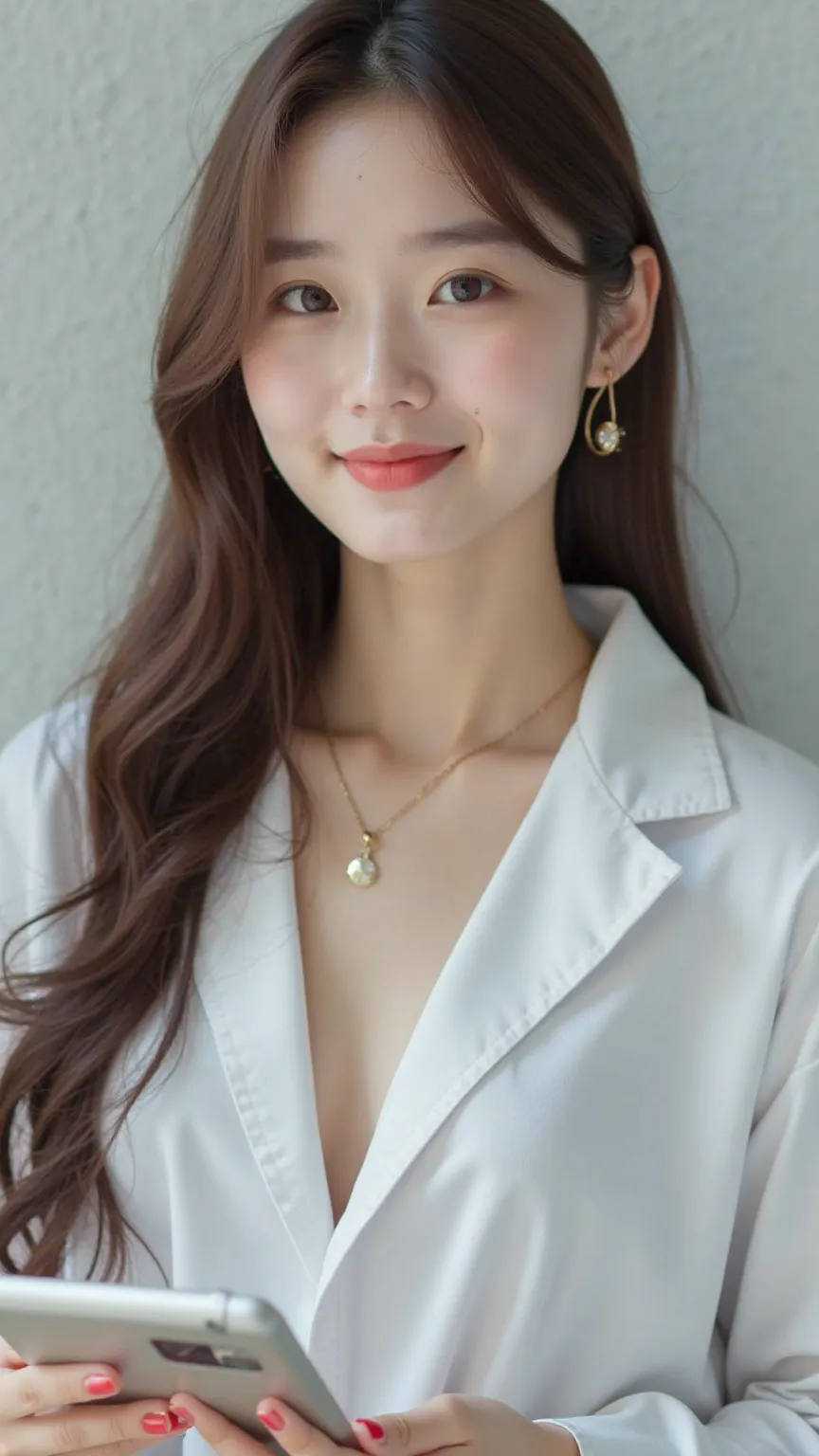 25 year old woman,korean man high definition,  long hair, Hair Accessories, Solo,  looking at the audience,  Brown Hair , smile, best quality, chest transparent background, Image at eye level. Wear a medical device, put jewelry on your ear, hold a tablet.