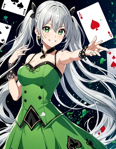 A large playing card, Ace of Spades, is drawn in the background、 silver long hair 、smile、Beautiful Girl with Beautiful Twin Tails、I have Ace of Spades in my hand、Spade Pattern Costume、 woman in green dress , beautiful fantasy anime, change, splash art anim...