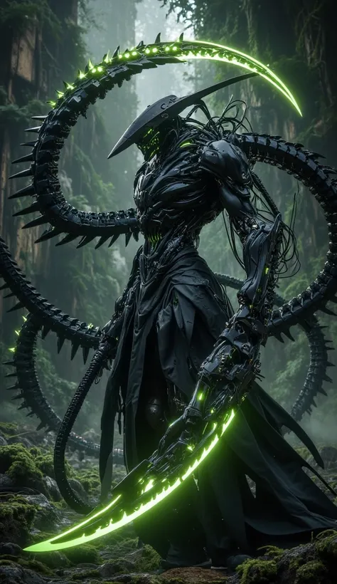 "A cybernetic warrior forged from an alien metal stands amidst a dense, toxic jungle, its dark exoskeleton adorned with glowing emerald circuitry. Its sharp, segmented mechanical tendrils coil like serpents, dripping with acidic energy. Its helmet, resembl...