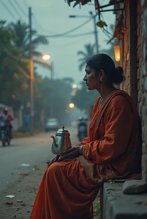 Ganga, wearing the same simple salwar-kameez, sits outside her tea stall, staring at the road where Ramu left. Her hands rest on her lap, holding the empty tea kettle, lost in thought. The same streetlamp flickers, and the tea stall remains unchanged. The ...