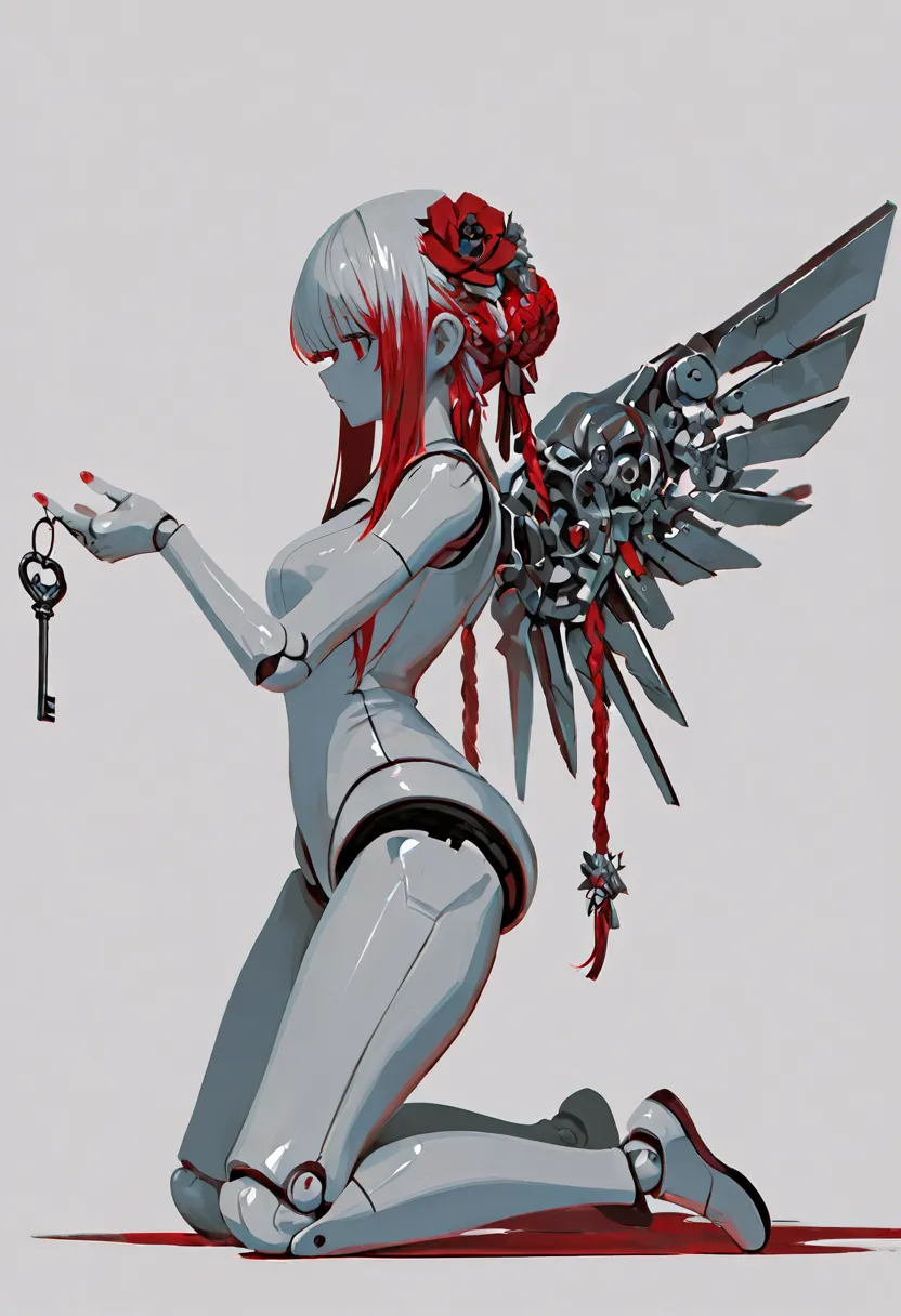 1girl, doll girl, doll joints, white hair, long hair, braided bun, red hair ribbons, hair flower, key hair ornament, kneeling, outstretched arm, curious angel cat, presenting key, mechanical wings, profile, nail polish,  white background, (monochrome, nega...