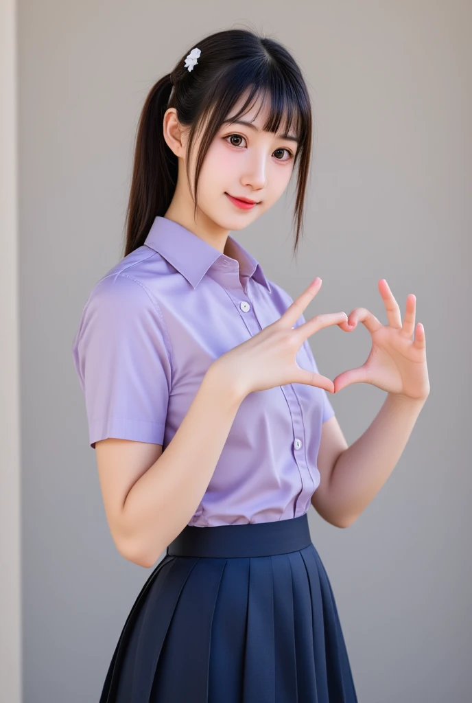 age girl, Asian, displaying a cheerful expression, Formal school uniform: crisp, light purple button-down shirt with short sleeves, dark navy-blue pleated skirt, and a black belt. Smiling, showing even teeth. Straight, dark brown hair in a ponytail. Light ...