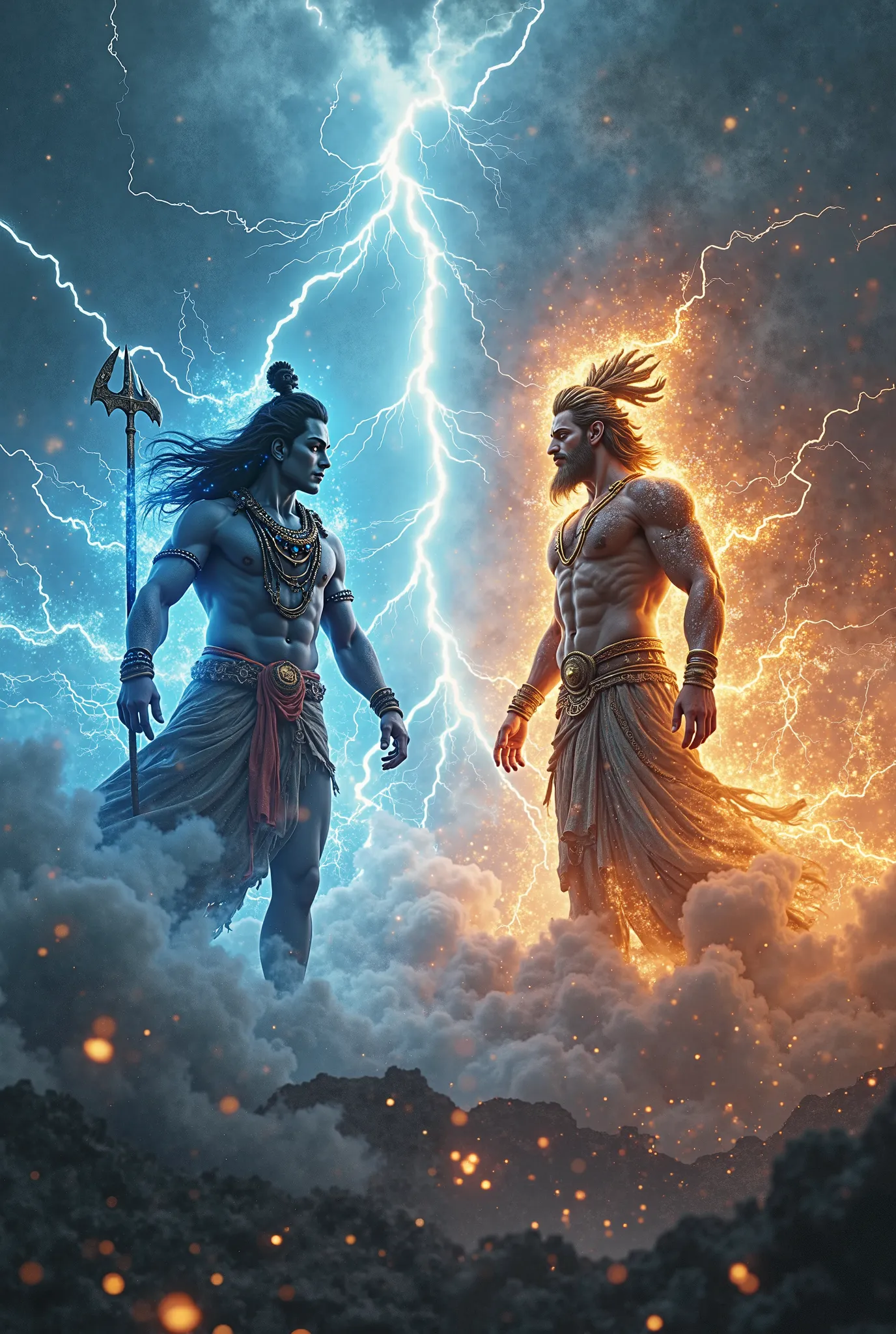 An ultra-wide cinematic shot of Lord Shiva and Zeus standing face to face in a cosmic battlefield. Shiva, with his glowing Trishul, radiates divine energy, his aura glowing with cosmic blue fire. Opposite him, Zeus stands powerfully on a floating storm clo...