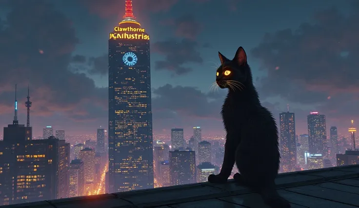 "A colossal skyscraper, 'Clawthorne Industries,' illuminated against the night sky. Felix stands on the rooftop, humanoid cat looking over the city he built. His golden feline eyes glow softly, his clawed hands resting on the glass railing. The neon-lit sk...