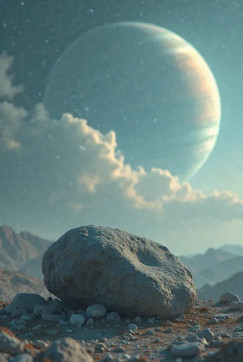 
Do a shot where in the foreground we have a small rock we see a planet in the sky