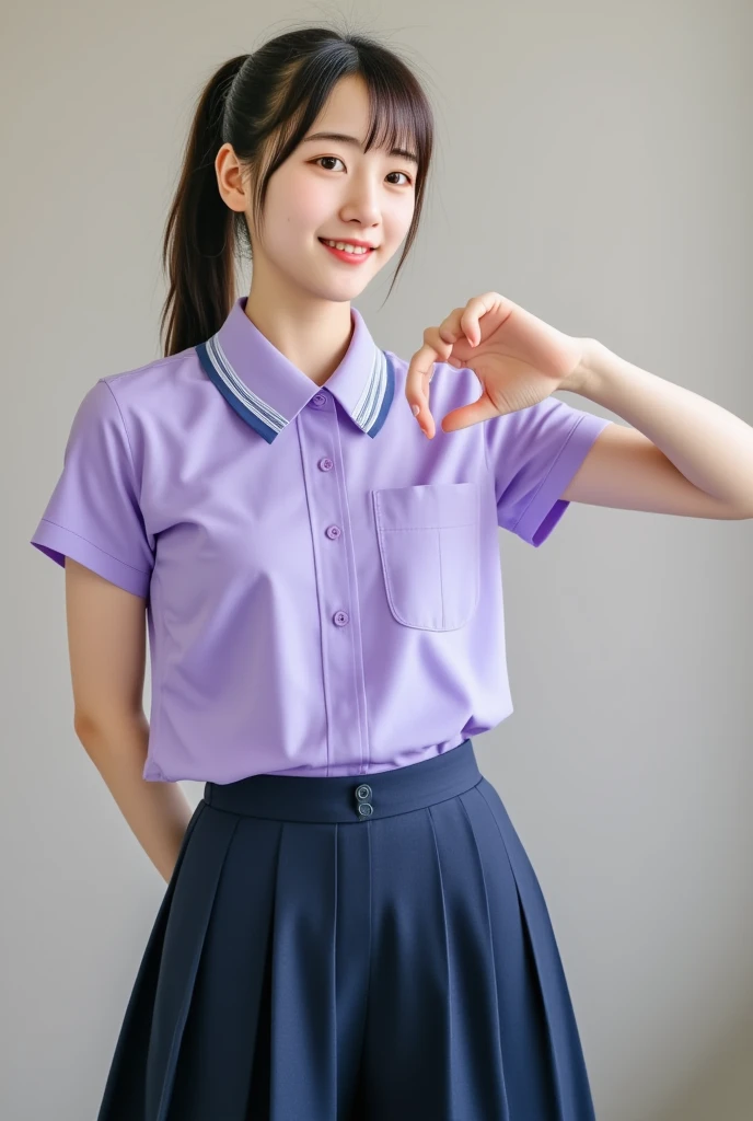 age girl, Asian, displaying a cheerful expression, creating a heart shape with her finger.Formal school uniform: crisp, light purple button-down shirt with short sleeves, dark navy-blue pleated skirt, and a black belt. Smiling, showing even teeth. Straight...