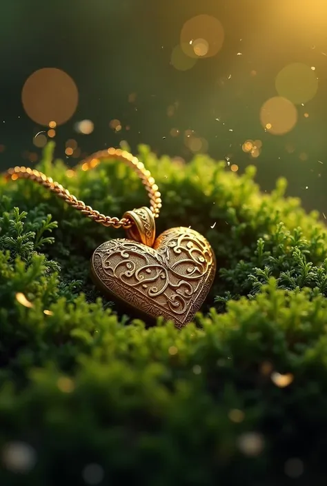 Gold chain with a heart-shaped pendant,lies on green moss