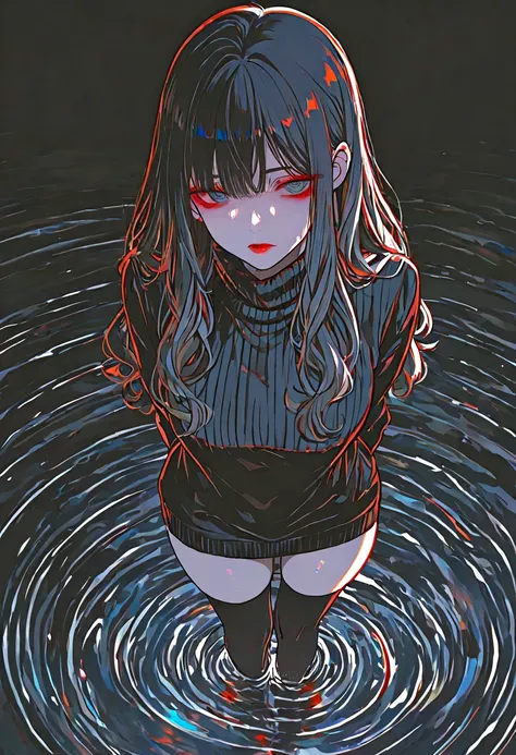 1girl, ((lineart, color trace)),masterpiece,best quality, incredibly absurdes,
long hair, black hair, wavy hair, choppy bangs, black eyebrows, detailed eyes, grey eyes, dark red eyeshadow, fading eyeshadow, dark red lips, closed moouth, hair behind ear, ah...