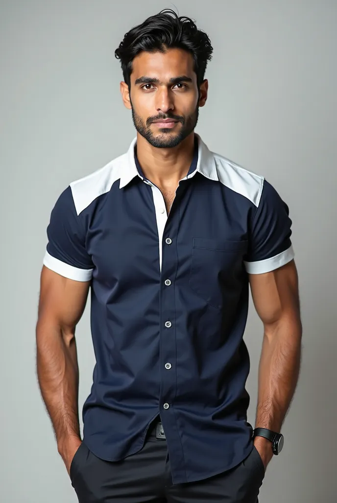 Create a above 20 year old  young age  Indian boy with a realistce face and beautiful eyes and face and light pale white  skin tone and it'is a cute, stunning, handsome charming and attractive and The arm muscles are very large, Hands in the crotch and mac...