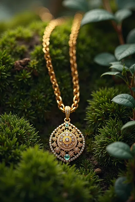 Gold chain with pendant,lies on green moss, BEAUTIFUL PENDANT,top view