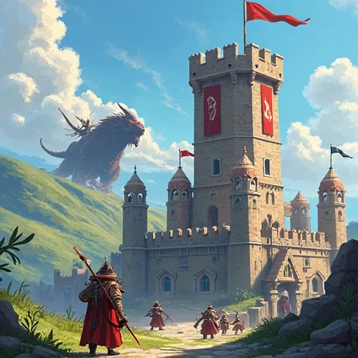 archers, soldiers and cannon and mages standing on long tower, protecting castle from beast, 2d game style, bright colors
