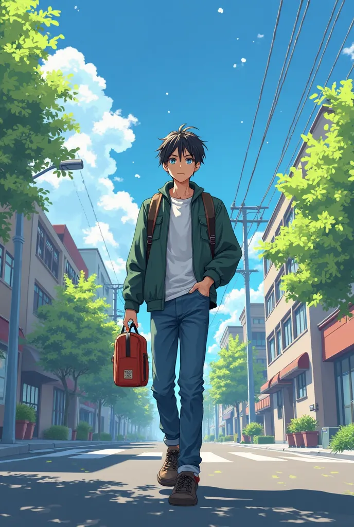 anime boy walking down a street with a bag and a backpack, tall anime guy with blue eyes, inspired by Okumura Togyu, style of makoto shinkai, in style of makoto shinkai, young anime man, spring day, anime asthetic, ( ( makoto shinkai ) ), in a sunny day, m...